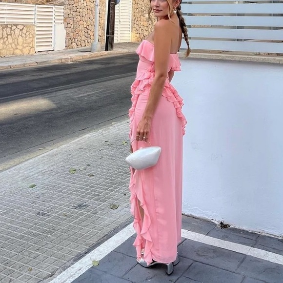 NWT HOUSE OF CB Sarina strapless maxi ruffle maxi dress bright peach XL - Picture 3 of 10